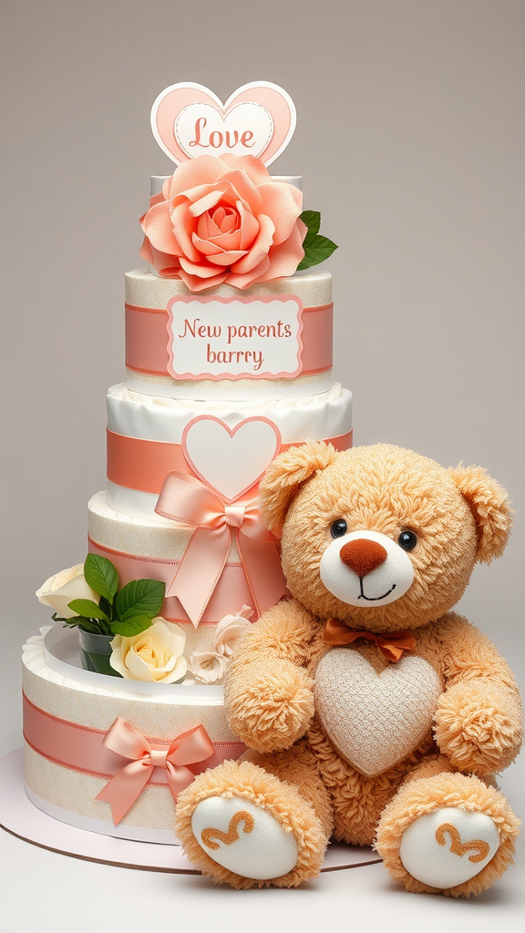 A diaper cake decorated with pink ribbons and a rose, alongside a cute teddy bear.