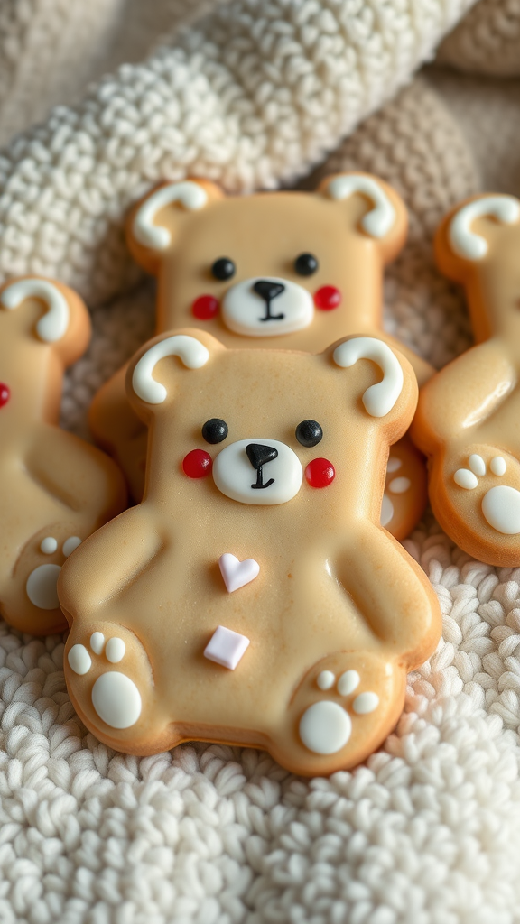 15 Adorable Valentine Baby Shower Sugar Cookies Close-up of cute teddy bear sugar cookies arranged on a textured surface. Valentine Baby Shower Sugar Cookies