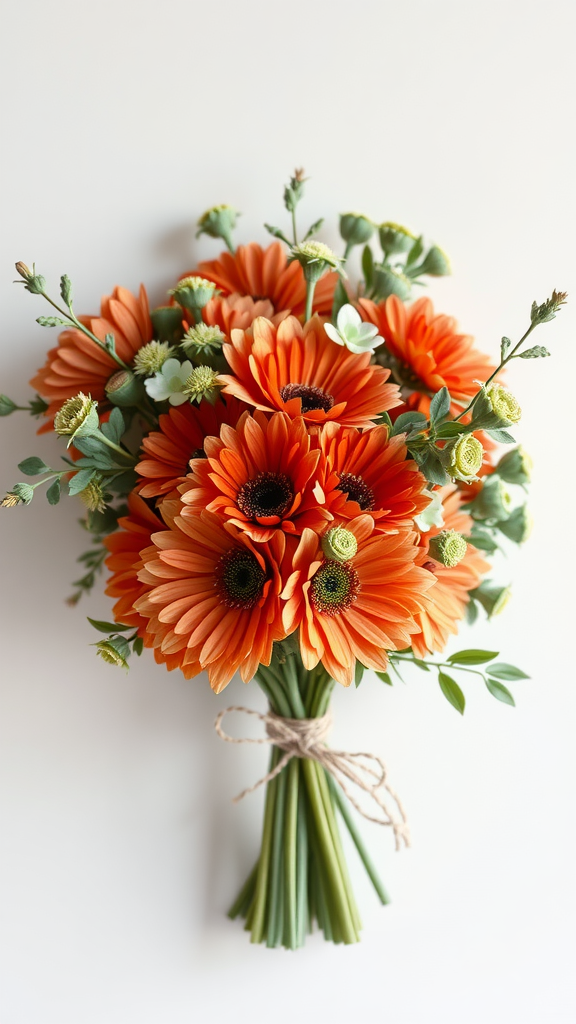 A bouquet featuring vibrant orange flowers and sage green leaves, tied with twine, showcasing an earth tone theme.