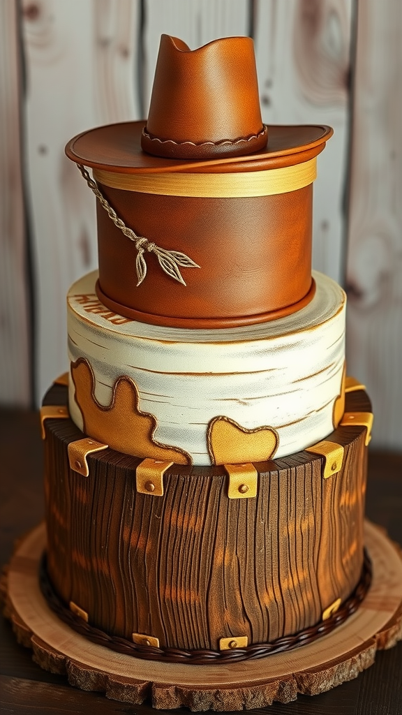 A beautifully crafted cowboy wedding cake with a cowboy hat on top and rustic wooden textures.