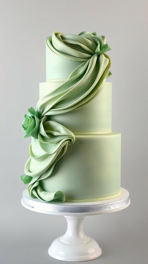 A textured sage green wedding cake with flowing fondant and a rose detail.