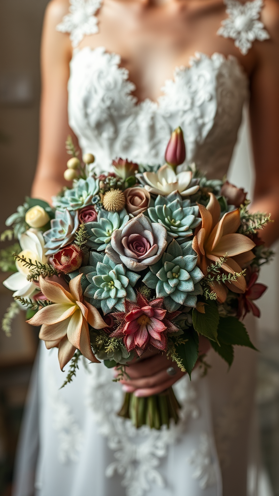Earth tone wedding bouquet featuring succulents and delicate flowers