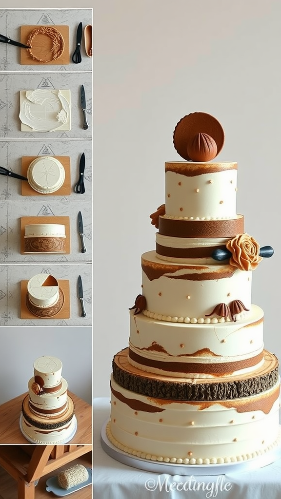 A multi-tiered cowboy wedding cake with rustic designs and detailed textures
