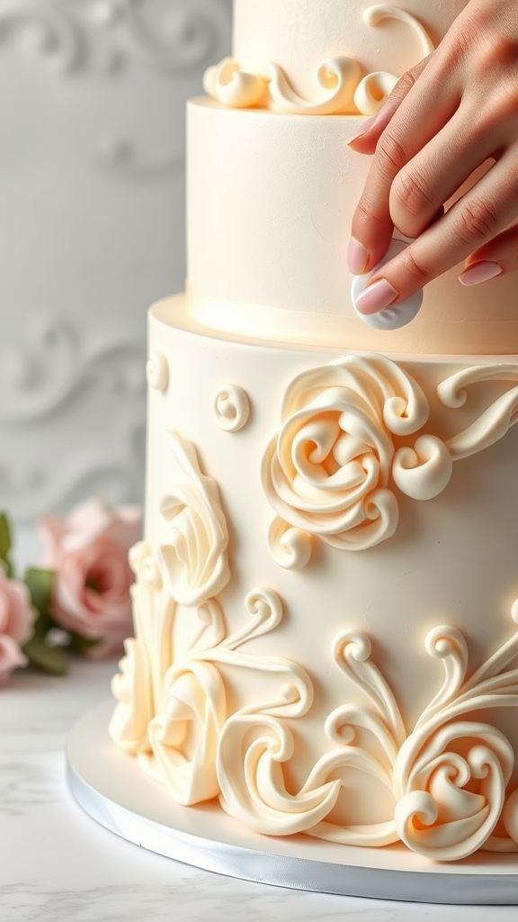 A close-up of a Rococo cake showing detailed fondant decorations and a hand applying finishing touches.