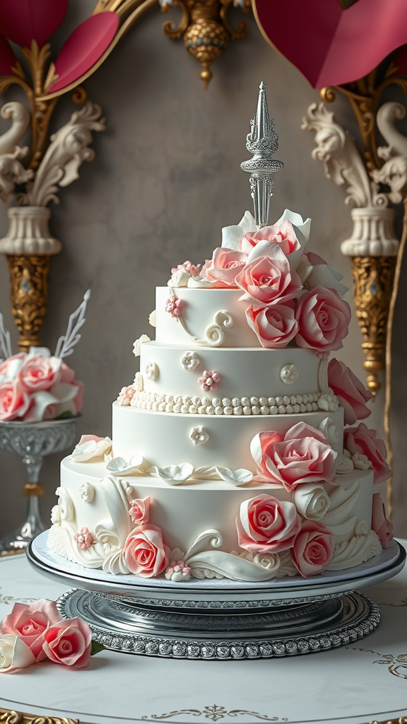 A beautiful Rococo cake adorned with pink roses, pearls, and an elegant silver topper.