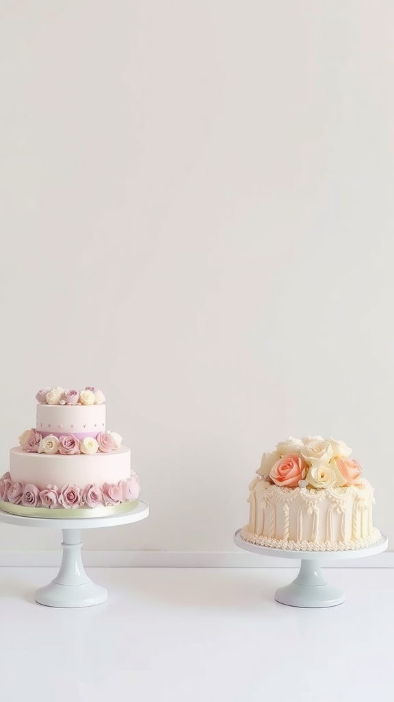 Two elegant cakes reflecting Rococo style, one tiered with pink roses and the other round with peach and white flowers.