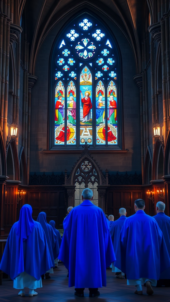 A group of worshippers in blue robes in a church with stained glass windows