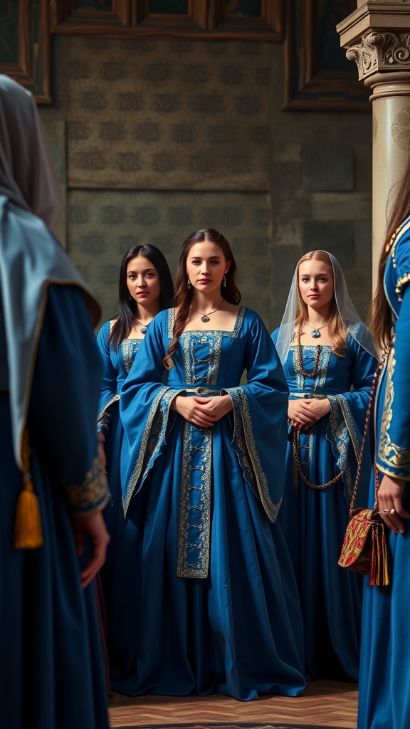A group of women in blue medieval dresses standing in a historical setting.