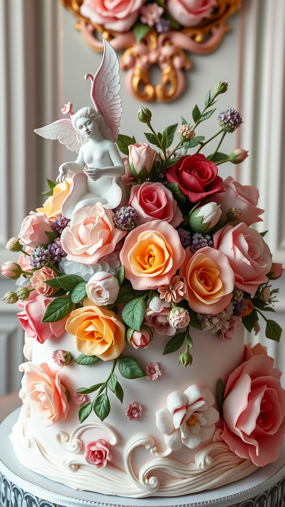 A beautifully decorated Rococo cake featuring a figure and sugar flowers.