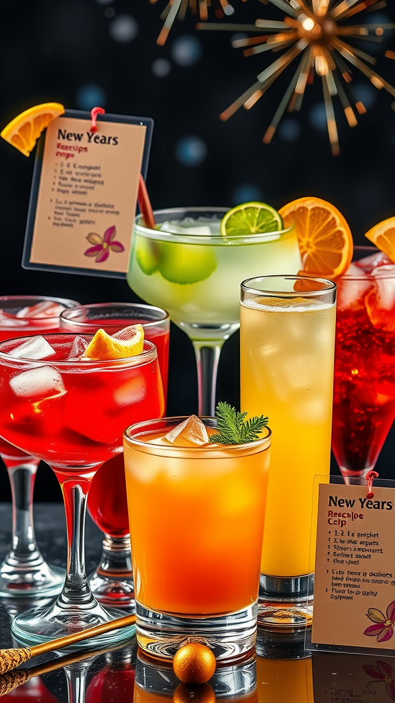 A variety of colorful cocktails displayed for a New Year’s Eve celebration with recipe cards.