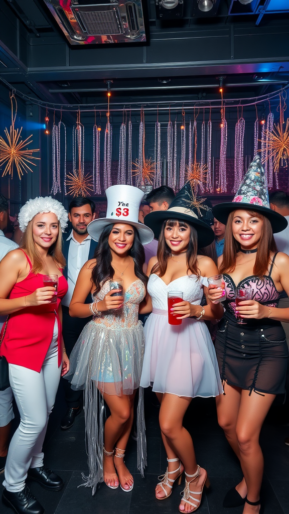 Group of friends celebrating New Year’s Eve in themed outfits with festive hats and drinks