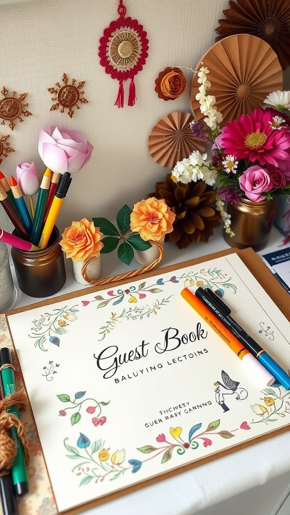 Decorated guest book with floral design, colorful pens, and boho-themed decorations