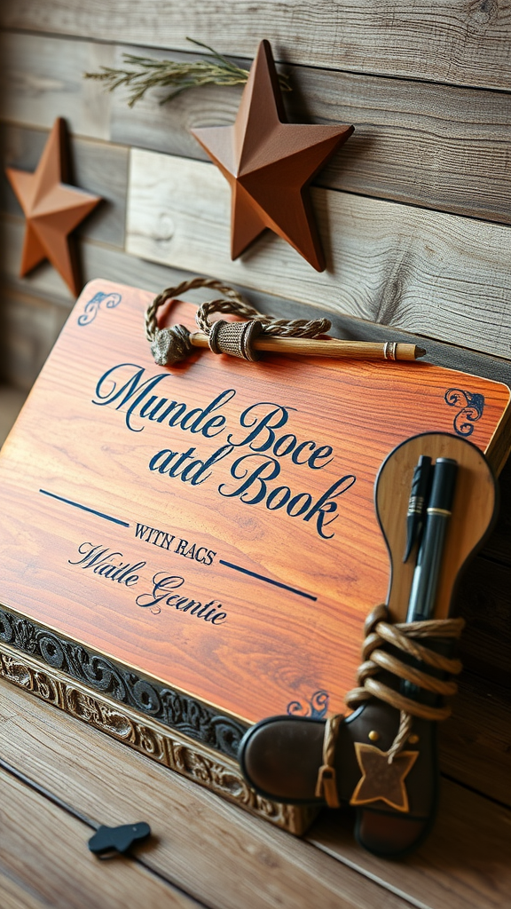 25 Rustic Cowboy Wedding Ideas to Tie the Knot with Style Cowboy-themed guestbook with a wooden cover, decorative stars, and a small boot accent.