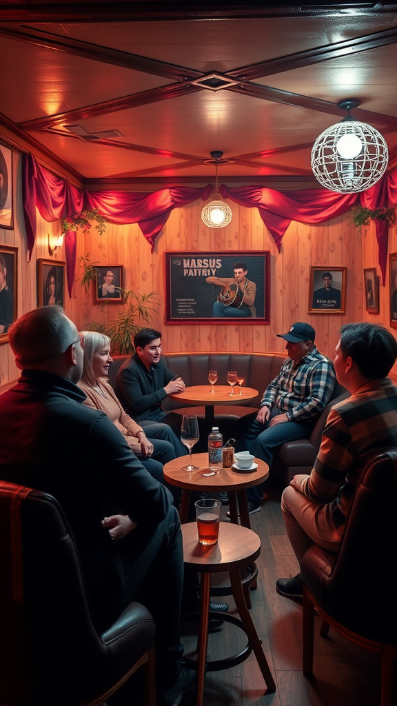 25 Creative Nesting Party Ideas for a Cozy Gathering A cozy gathering of friends in a dimly lit bar, engaged in conversation with drinks on the table.