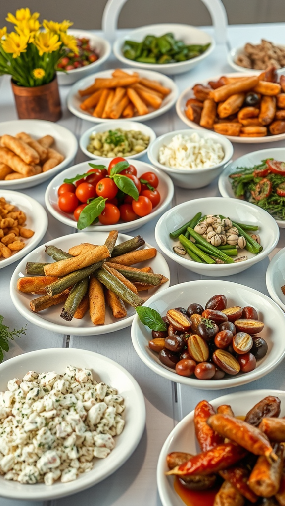 25 Creative Nesting Party Ideas for a Cozy Gathering A table set with various potluck dishes including vegetables, snacks, and sauces.