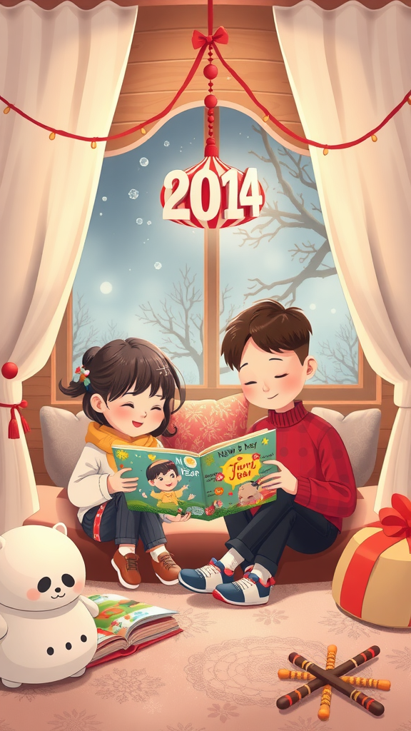 Kids reading a storybook in a cozy setting with a New Year's Eve theme.