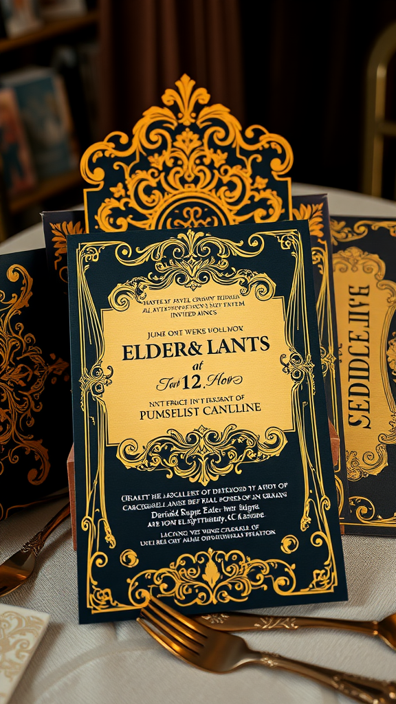 Elegant black and gold wedding invitations with intricate designs. Dark Romantic Wedding Ideas