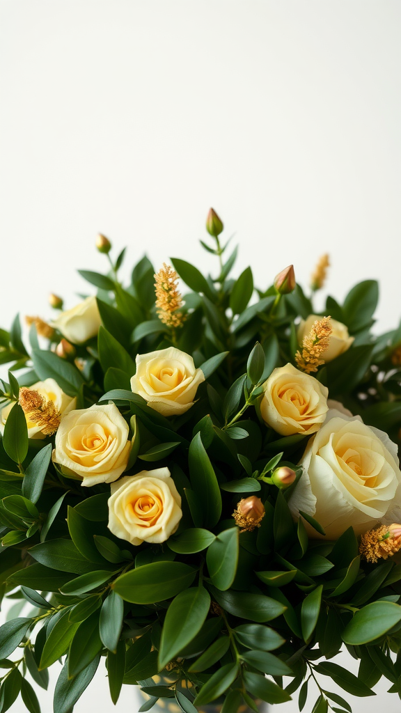 A bouquet featuring yellow roses and green foliage with gold accents, showcasing earth tones.