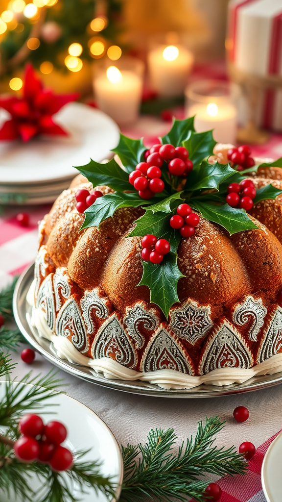 A beautifully decorated fruitcake with holly and red berries, set on a festive table surrounded by candles and holiday decorations.