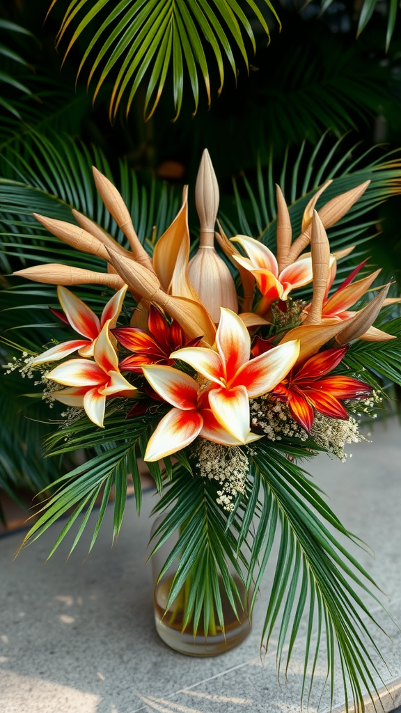A vibrant tropical bouquet featuring orange and red flowers surrounded by lush green palm leaves.