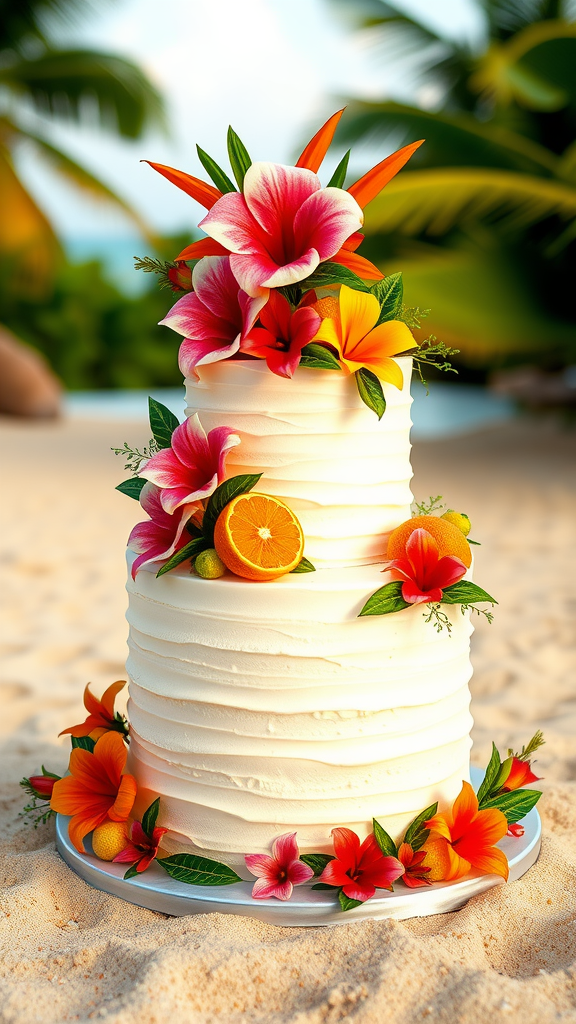 A two tier wedding cake decorated with tropical flowers and fruits on a beach setting