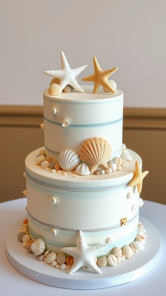 A two-tier wedding cake decorated with seashells and starfish, embodying an under-the-sea theme.