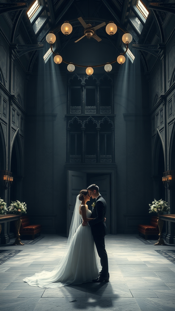 A couple sharing a romantic moment in a gothic-inspired wedding venue, with dramatic lighting and elegant decor.