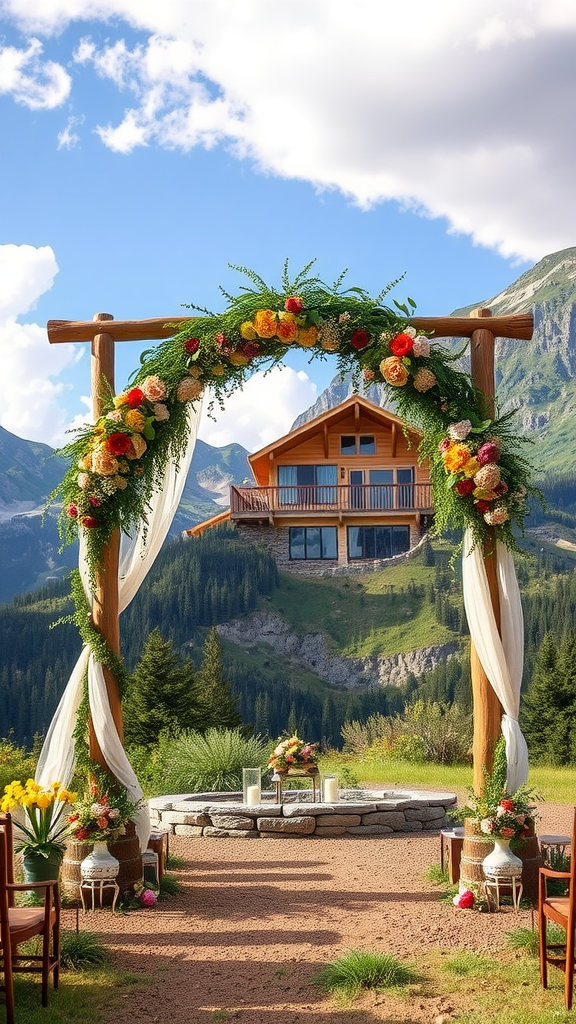 25 Rustic Cowboy Wedding Ideas to Tie the Knot with Style A scenic outdoor wedding setup with a floral arch and mountain view