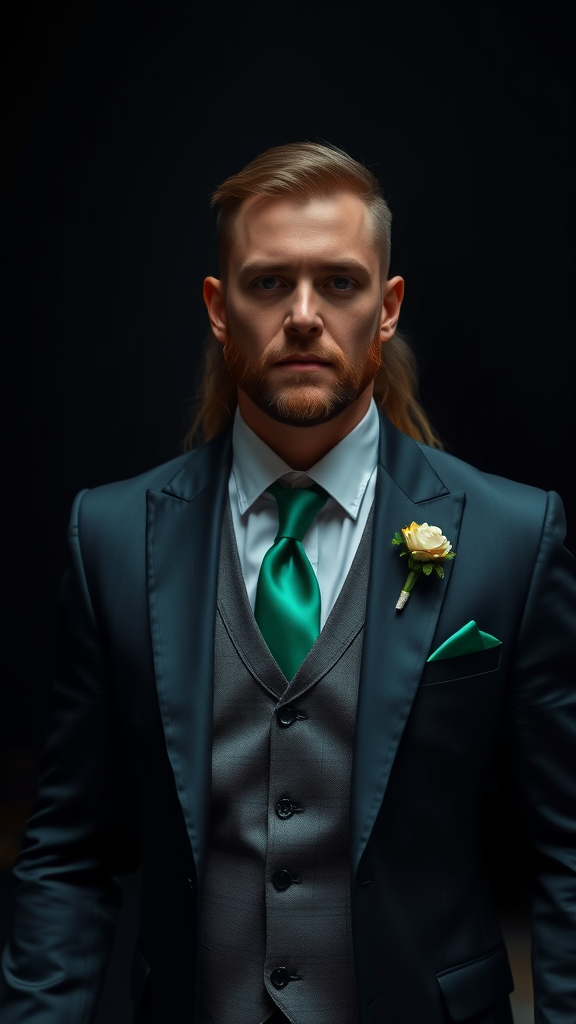 Groom in a dark suit with an emerald green tie and boutonnière, showcasing unique wedding attire.