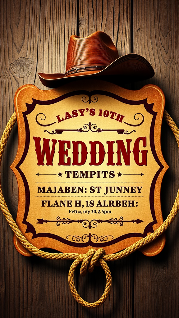 A cowboy-themed wedding invitation featuring a hat and rustic elements.