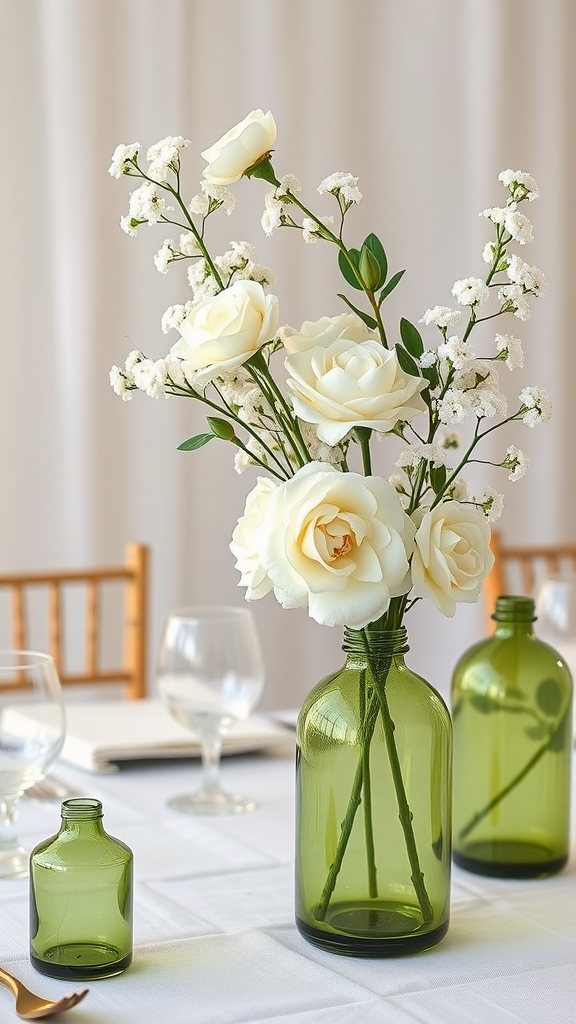 Elegant olive green centerpieces featuring white flowers in green glass vases.