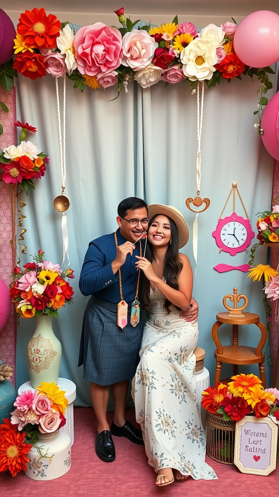 A cheerful couple posing in a colorful photo booth with floral decorations, perfect for a boho-themed party.