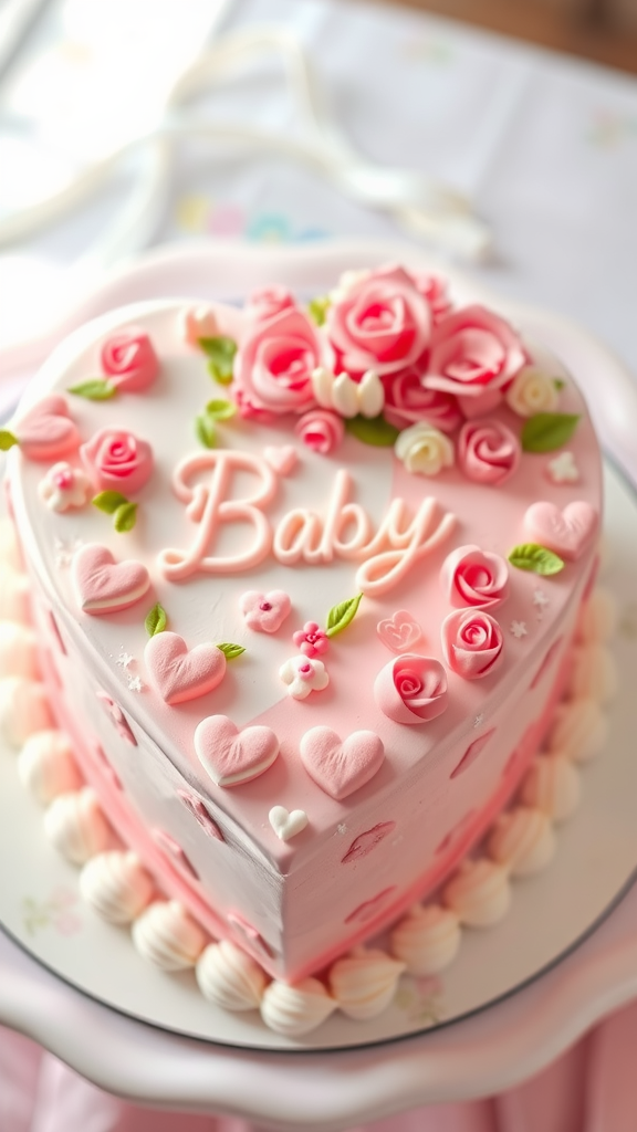 A heart-shaped cake decorated with pink roses and baby-themed elements, perfect for Valentine's Day.