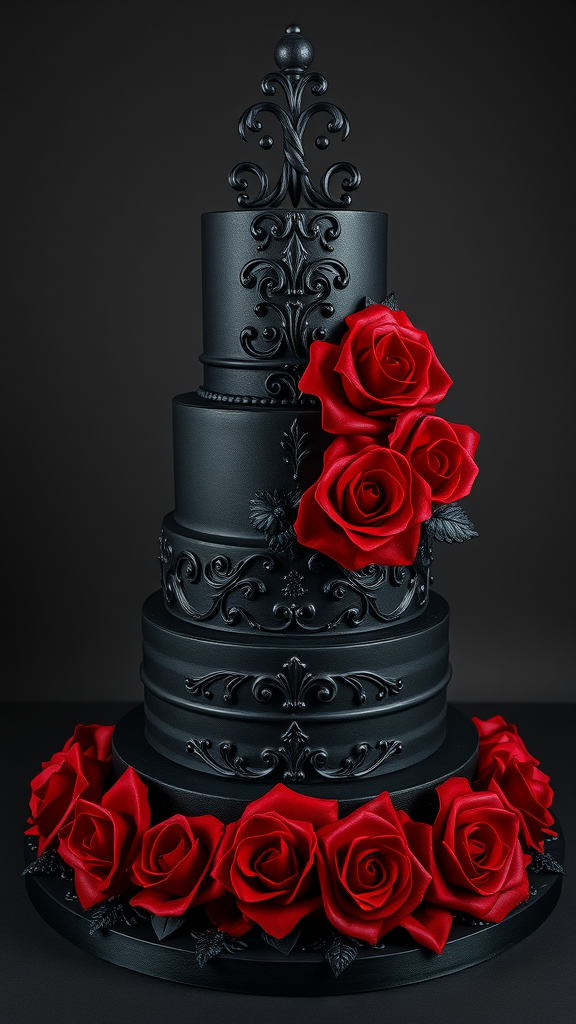 A black, gothic wedding cake adorned with red roses, showcasing intricate details and a dramatic design.