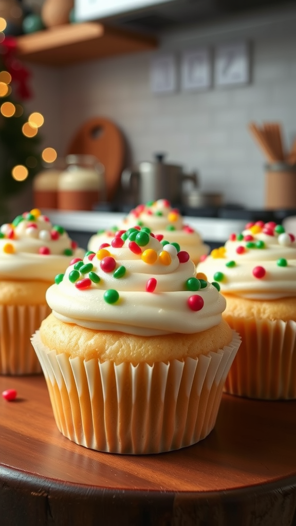Vanilla bean cupcakes with white frosting and holiday sprinkles on a wooden table