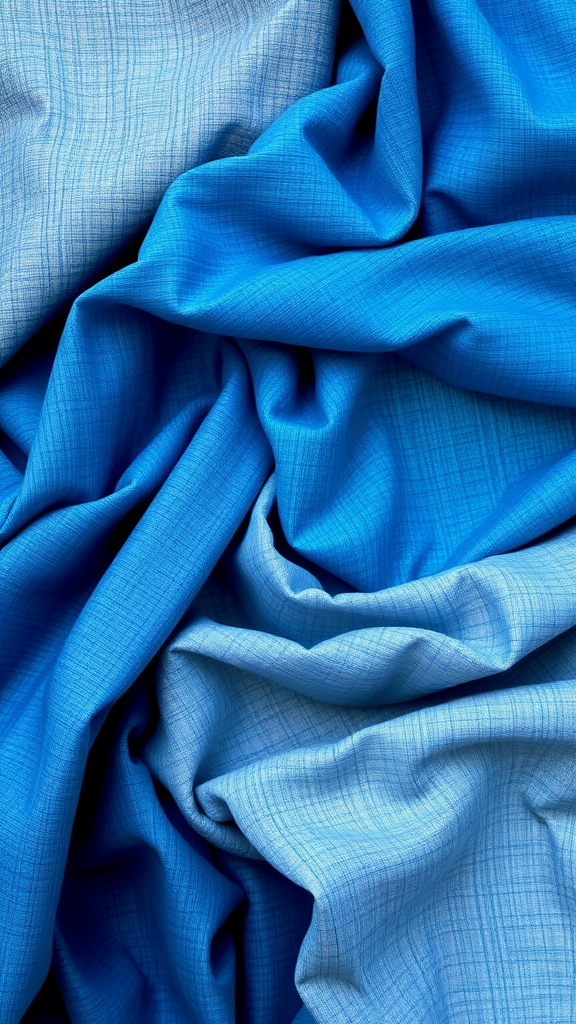 Close-up of various blue fabrics showing different textures and shades