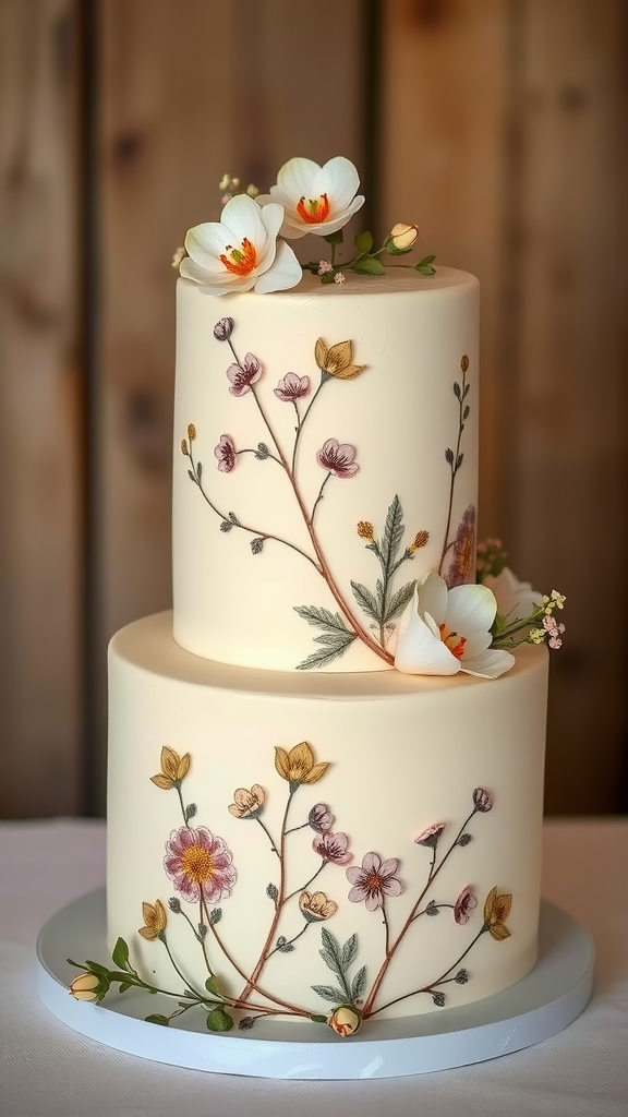 A two-tier wedding cake decorated with vintage botanical prints and flowers.