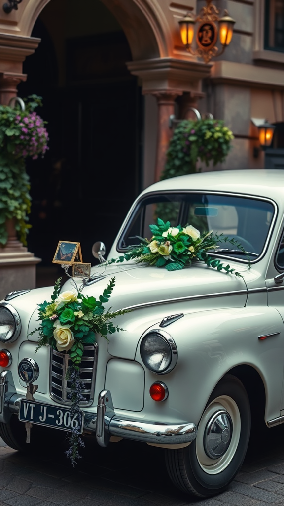 A vintage white car decorated with flowers, parked in a charming setting.