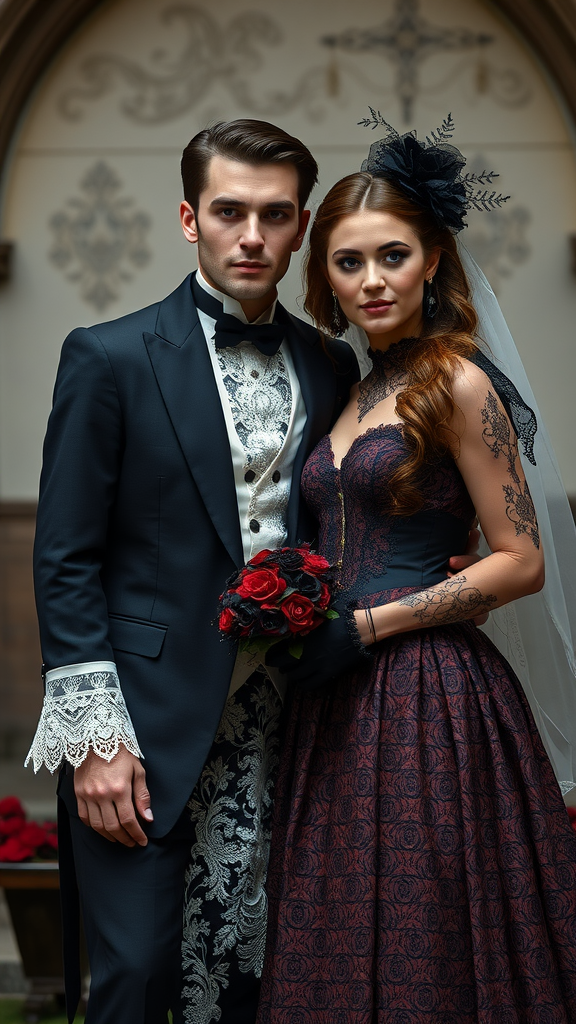 A couple in vintage gothic attire, with the groom in a dark suit and the bride in a red and black gown, holding a bouquet of red roses.