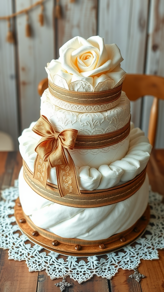 A vintage lace diaper cake decorated with a fabric rose and golden ribbons, set on a wooden base.
