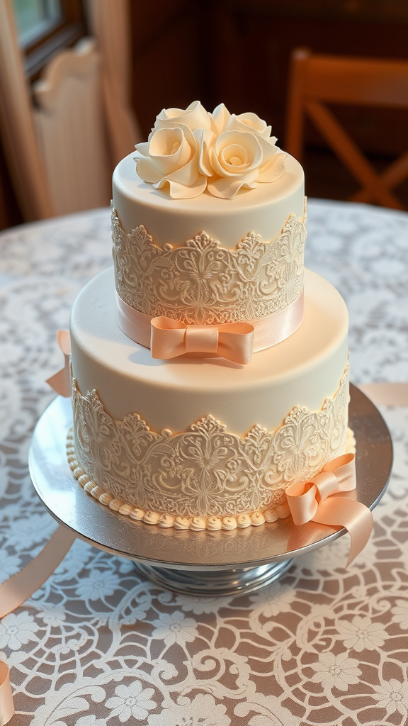 A two-tier wedding cake decorated with lace patterns and sugar roses, complemented by peach ribbons.