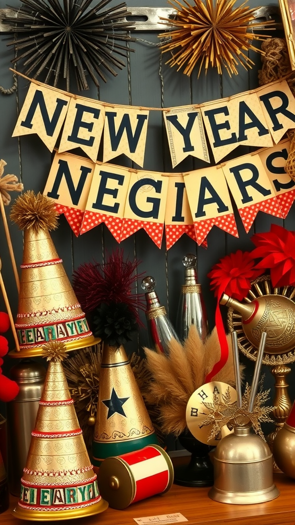 Vintage New Year's decorations including a banner, colorful party hats, and metallic elements