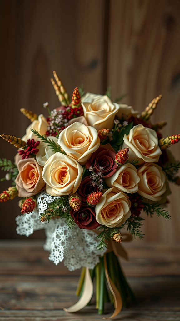 A vintage style wedding bouquet featuring peach, cream, and burgundy roses with lace accents.