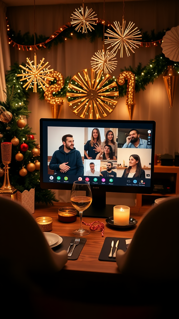 Decorative setup for a virtual New Year's Eve party with glasses and a TV displaying 2027.
