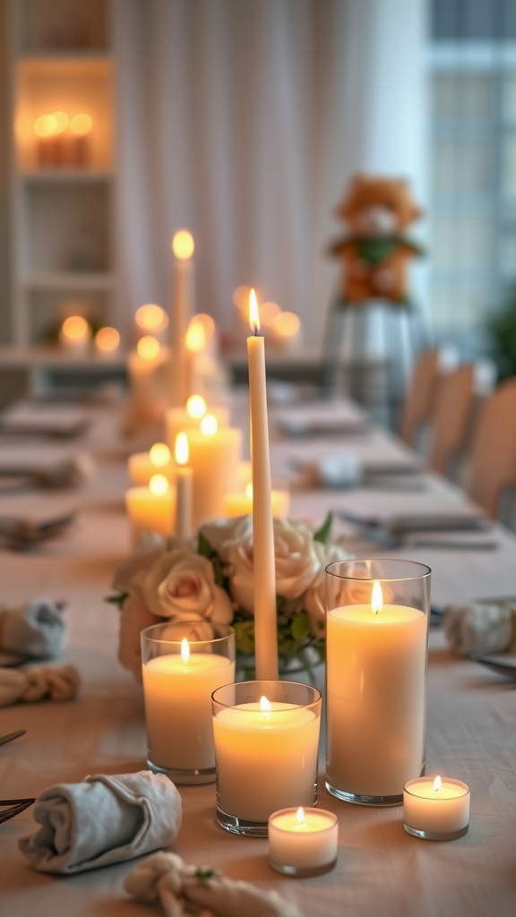 Set table with various warm scented candles and flowers for a cozy atmosphere