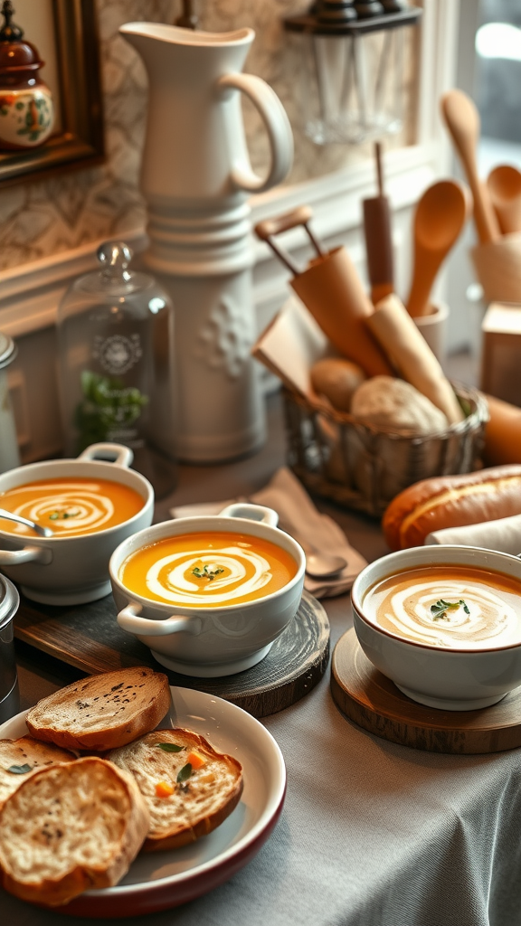 A warm soup and bread bar featuring creamy soup bowls, fresh bread, and a cozy kitchen setting.