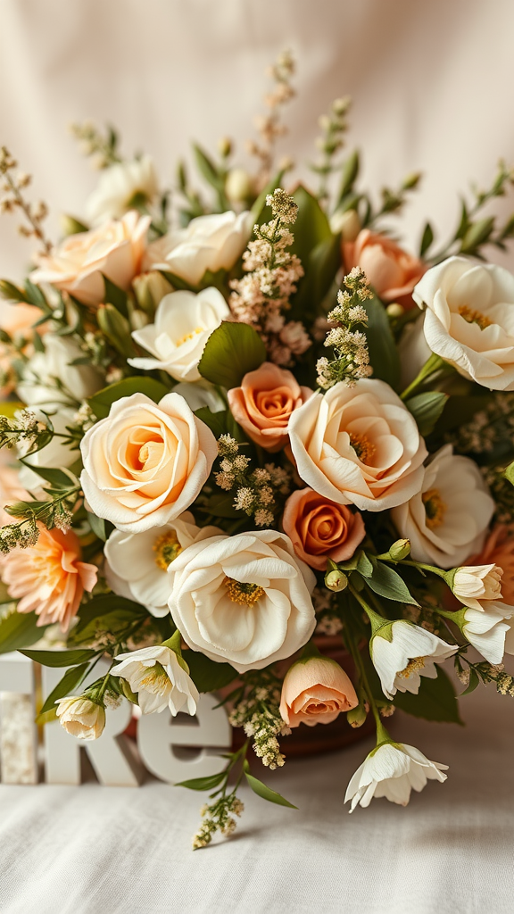 A beautiful bouquet featuring peach and ivory flowers with greenery, perfect for a wedding.
