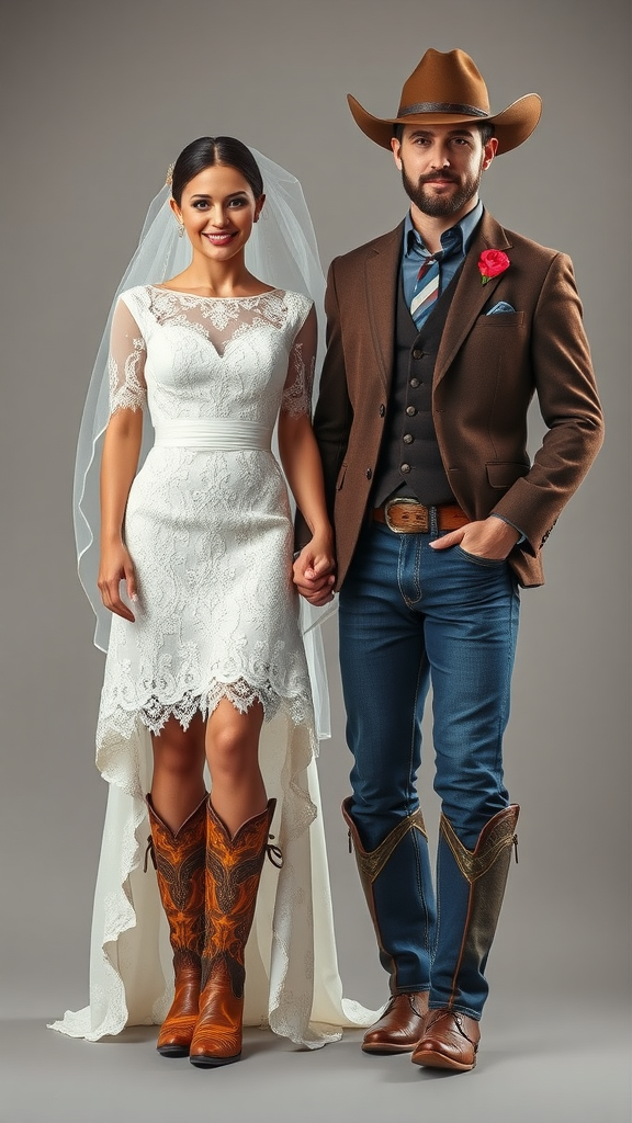 A couple in western-inspired wedding attire, featuring a bride in a lace dress and cowboy boots, and a groom in a brown jacket and cowboy hat.