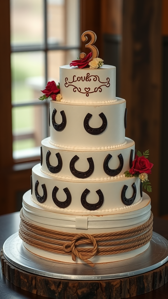 Three-tiered Western-themed cake with horseshoes and roses.