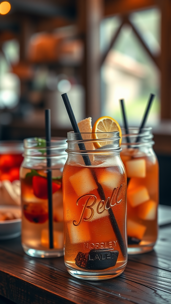 Refreshing cocktails in mason jars with fruits and ice, perfect for a cowboy wedding theme.